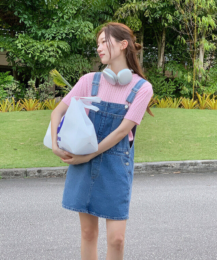 ケーブル編みシャーリング半袖ニット5色 PINK