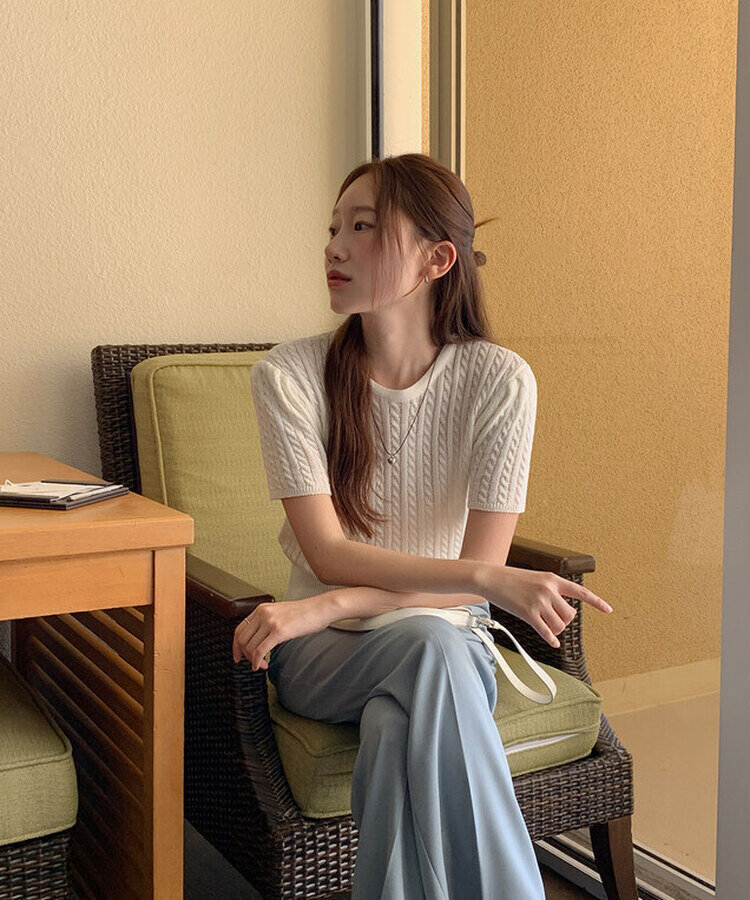 ケーブル編みシャーリング半袖ニット5色 WHITE