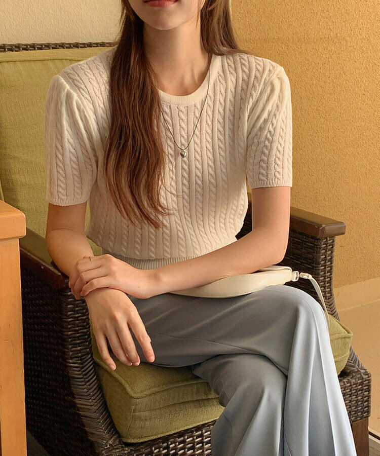 ケーブル編みシャーリング半袖ニット5色 WHITE