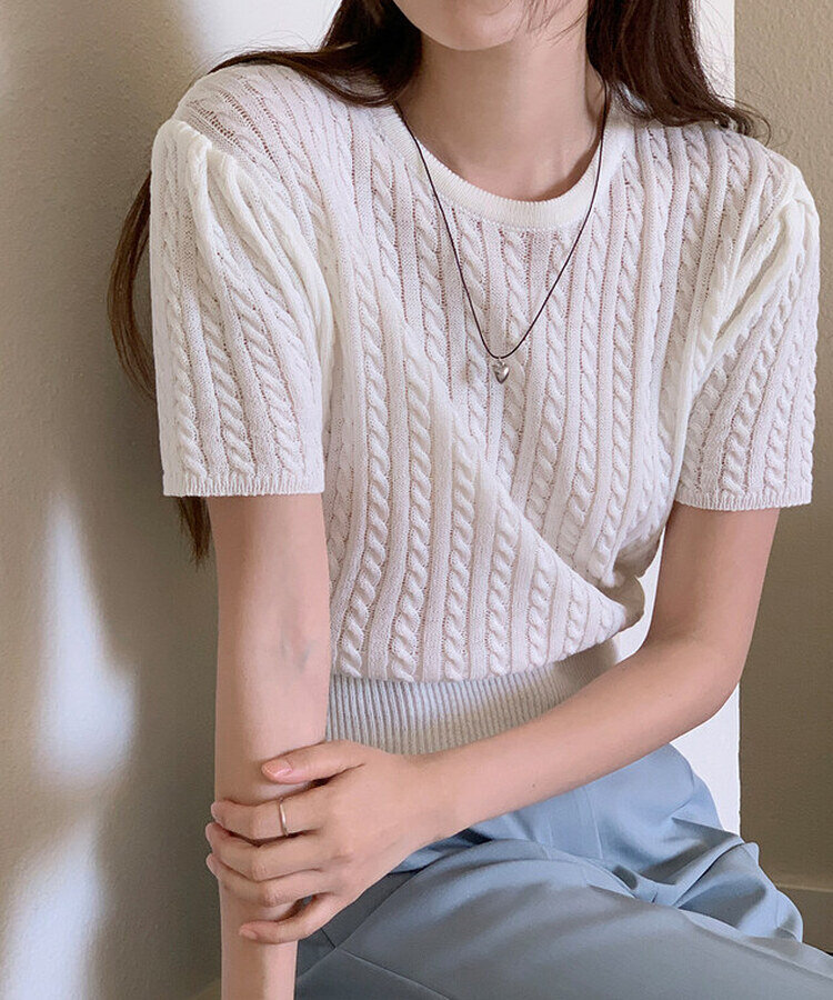 ケーブル編みシャーリング半袖ニット5色 WHITE