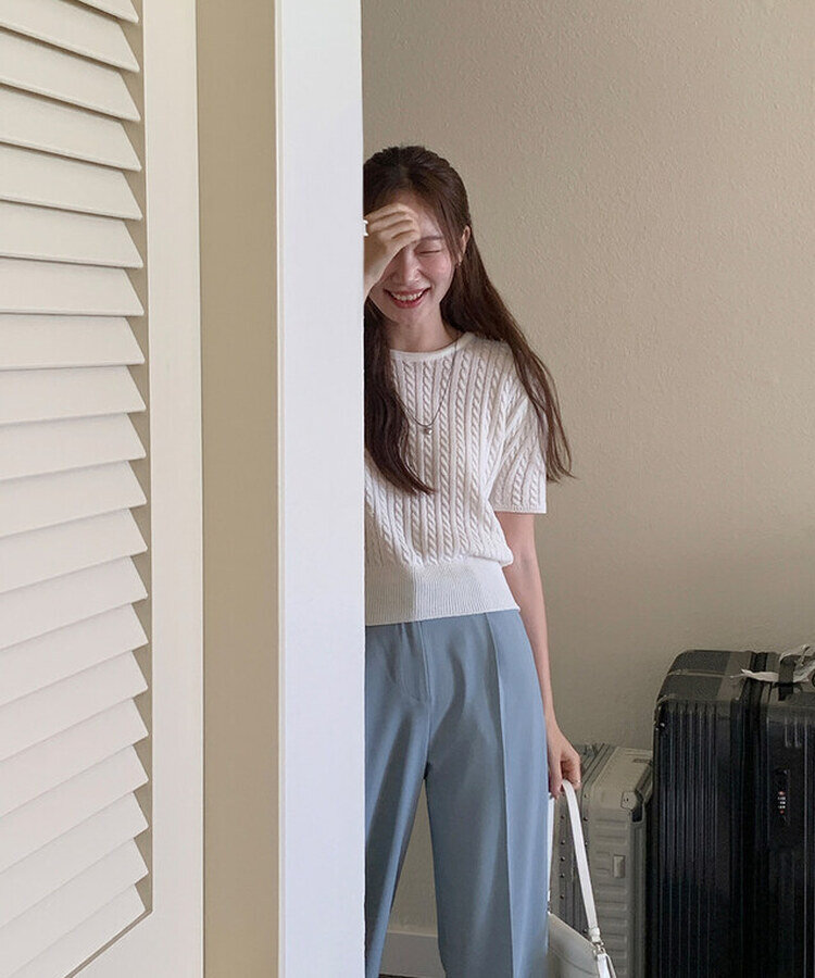 ケーブル編みシャーリング半袖ニット5色 WHITE