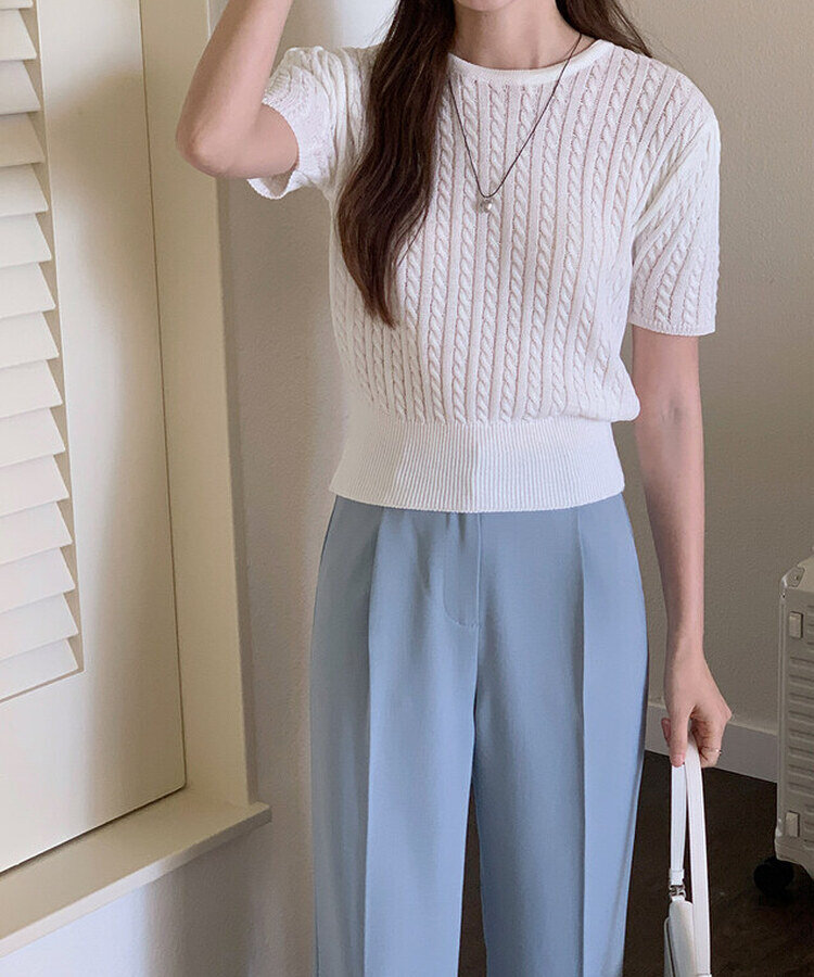 ケーブル編みシャーリング半袖ニット5色 WHITE