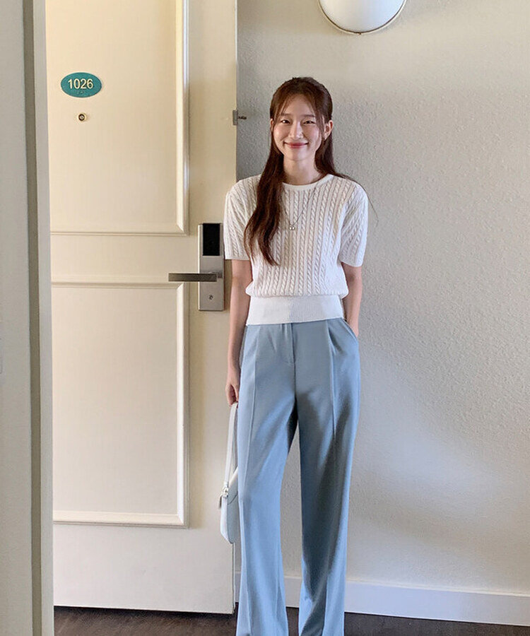 ケーブル編みシャーリング半袖ニット5色 WHITE