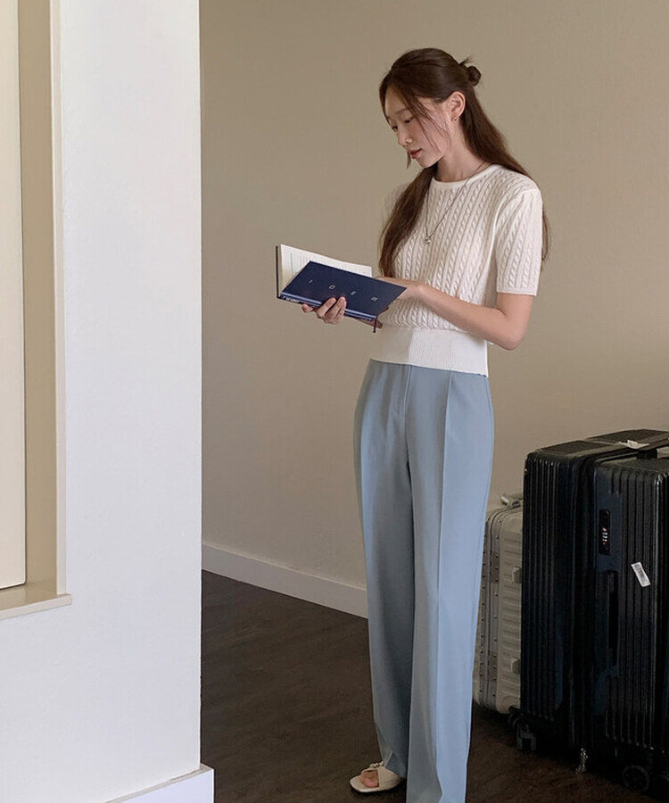 ケーブル編みシャーリング半袖ニット5色 WHITE