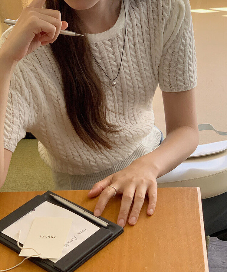 ケーブル編みシャーリング半袖ニット5色 WHITE