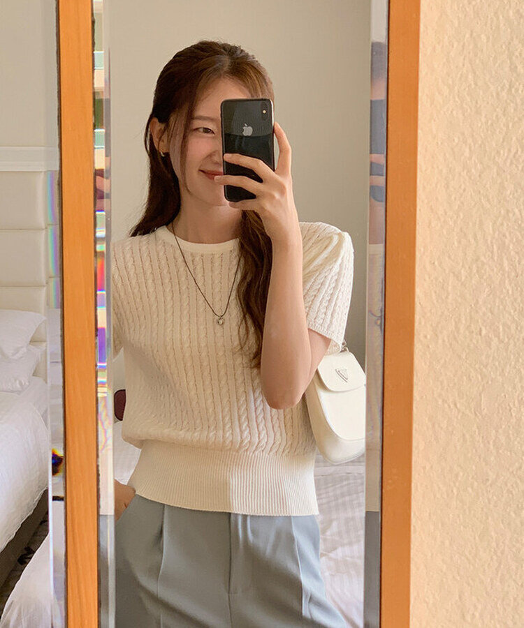 ケーブル編みシャーリング半袖ニット5色 WHITE