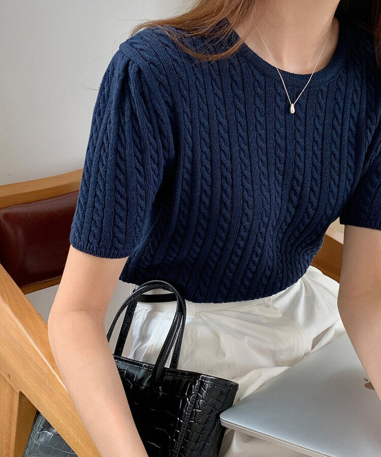 ケーブル編みシャーリング半袖ニット5色 NAVY