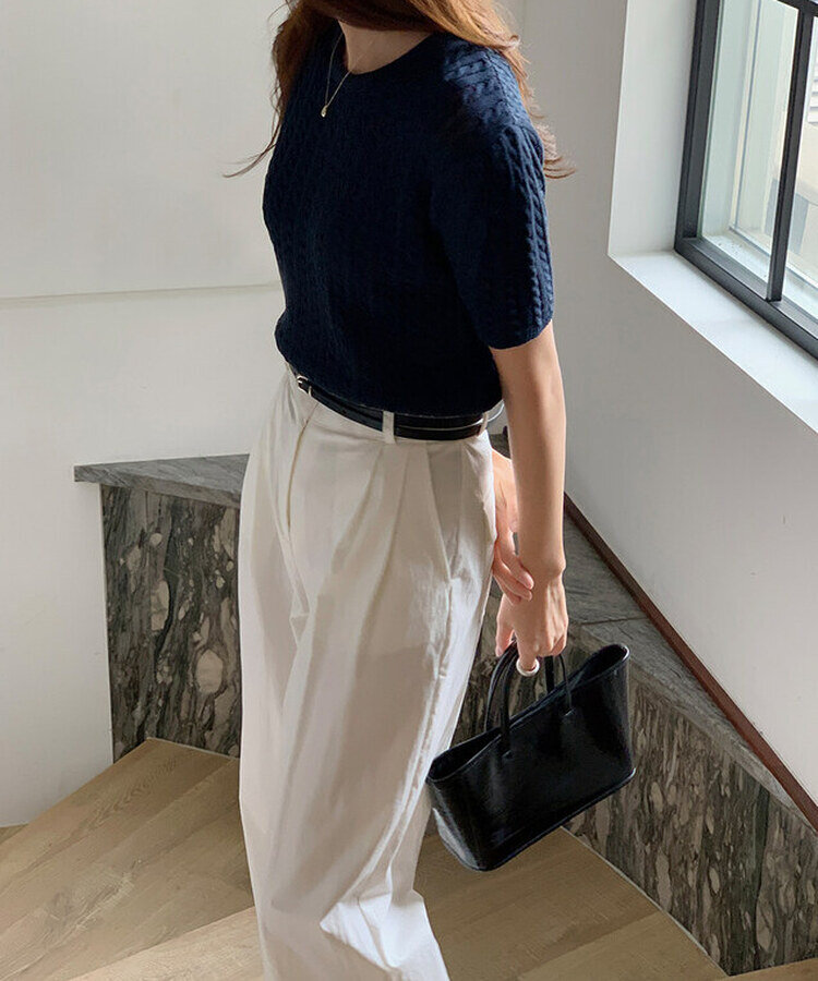 ケーブル編みシャーリング半袖ニット5色 NAVY