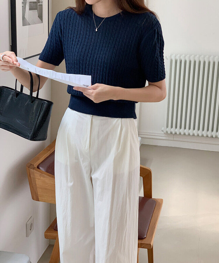 ケーブル編みシャーリング半袖ニット5色 NAVY