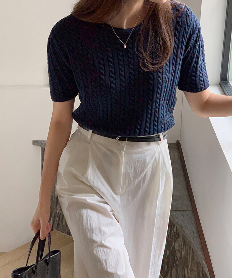 ケーブル編みシャーリング半袖ニット5色 NAVY