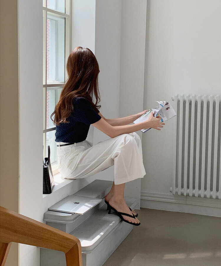 ケーブル編みシャーリング半袖ニット5色 NAVY