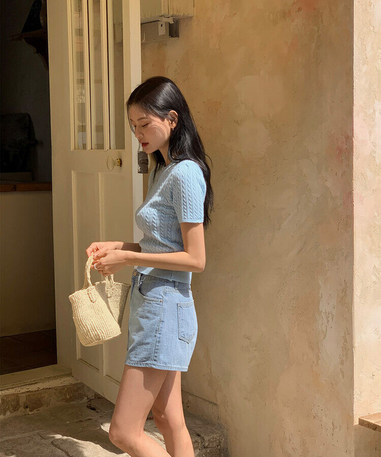 ケーブル編みシャーリング半袖ニット5色 BLUE