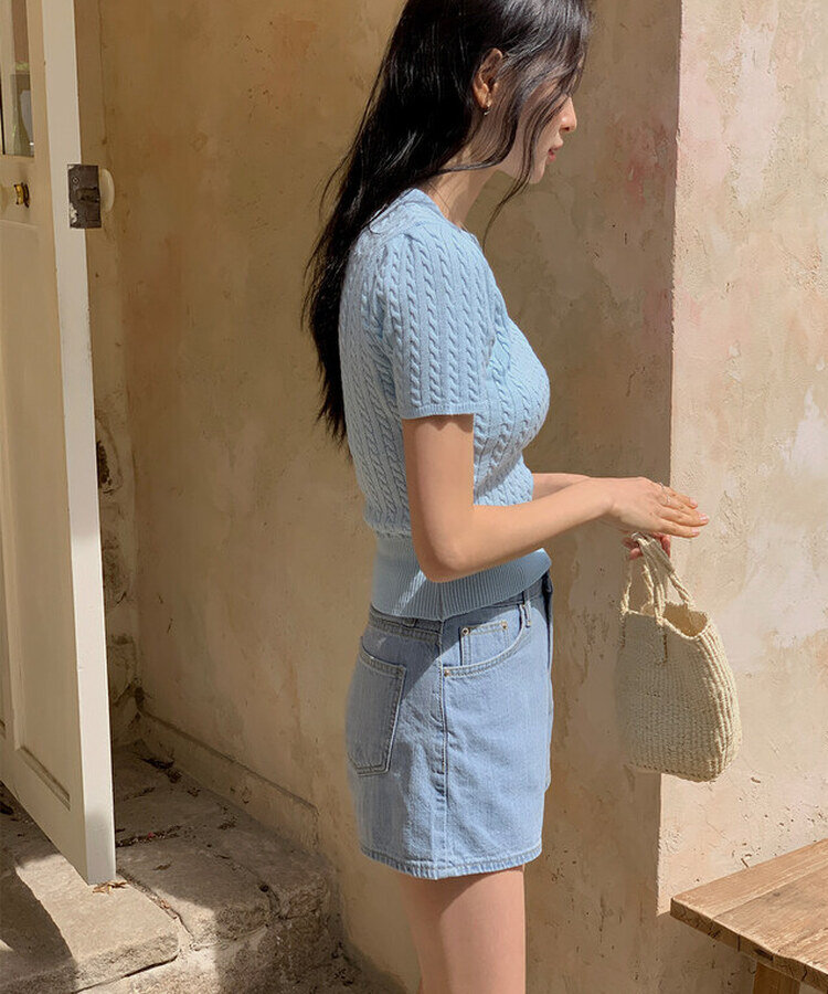 ケーブル編みシャーリング半袖ニット5色 BLUE