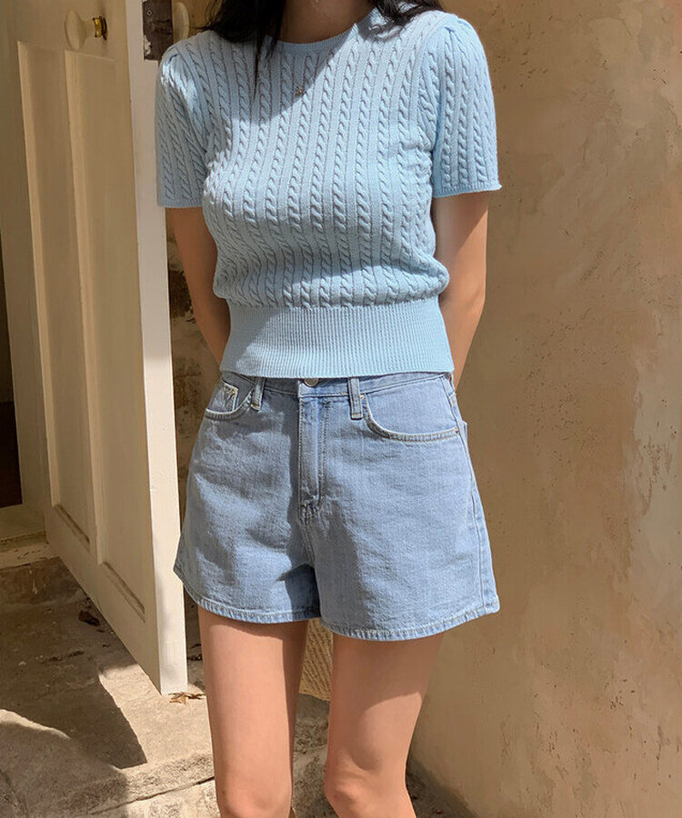 ケーブル編みシャーリング半袖ニット5色 BLUE