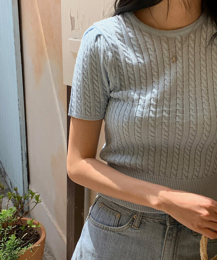 ケーブル編みシャーリング半袖ニット5色 BLUE