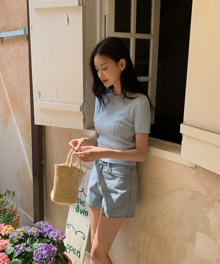 ケーブル編みシャーリング半袖ニット5色 BLUE