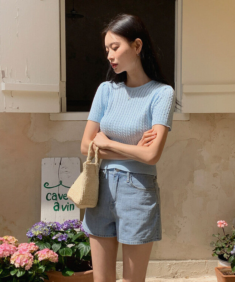 ケーブル編みシャーリング半袖ニット5色 BLUE