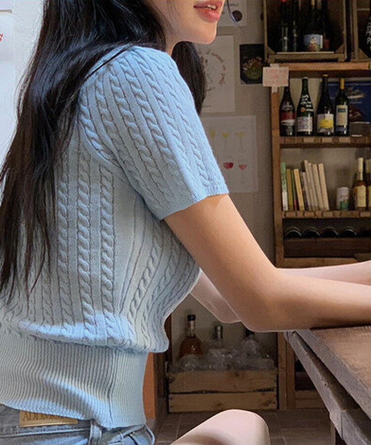 ケーブル編みシャーリング半袖ニット5色 BLUE