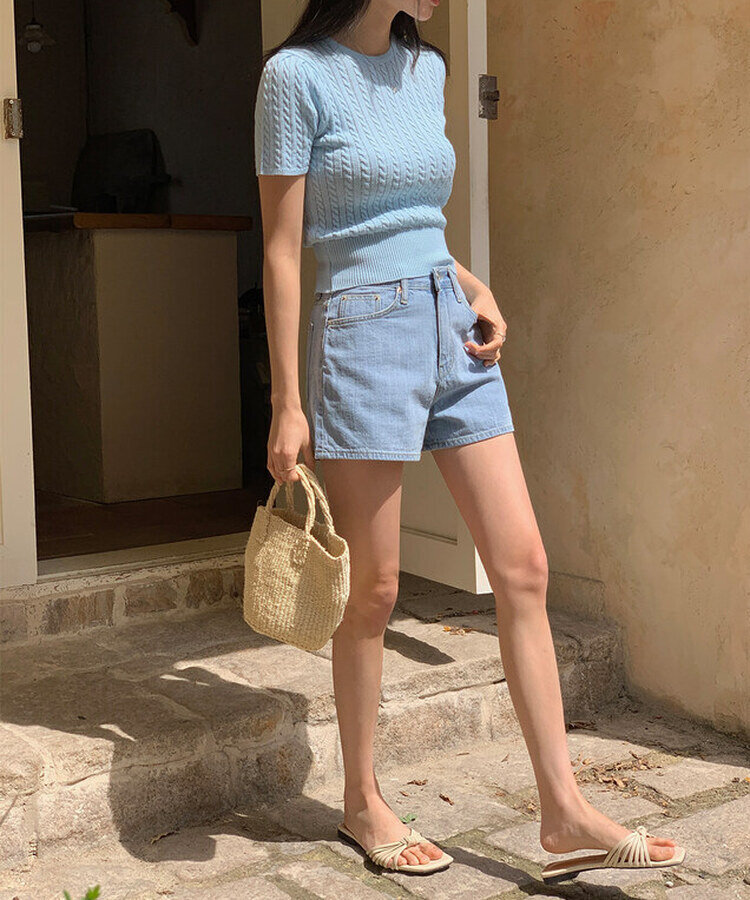 ケーブル編みシャーリング半袖ニット5色 BLUE