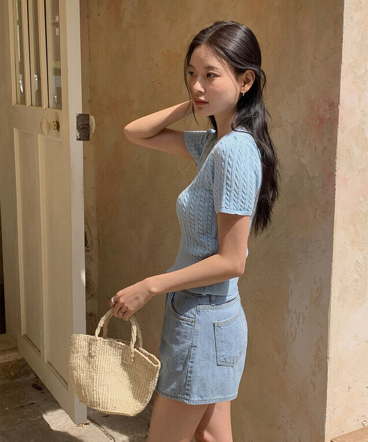 ケーブル編みシャーリング半袖ニット5色 BLUE