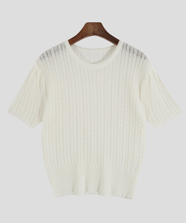 ケーブル編みシャーリング半袖ニット5色