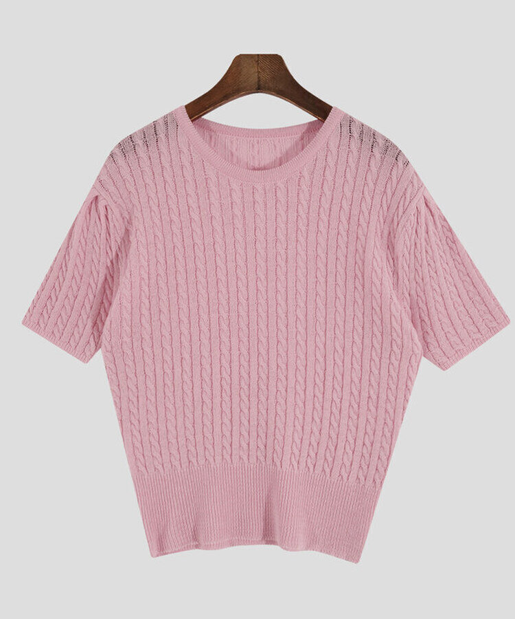 ケーブル編みシャーリング半袖ニット5色