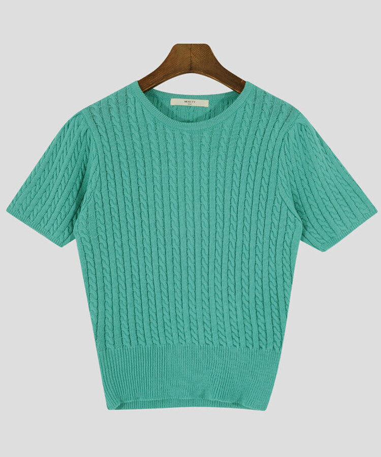 ケーブル編みシャーリング半袖ニット5色