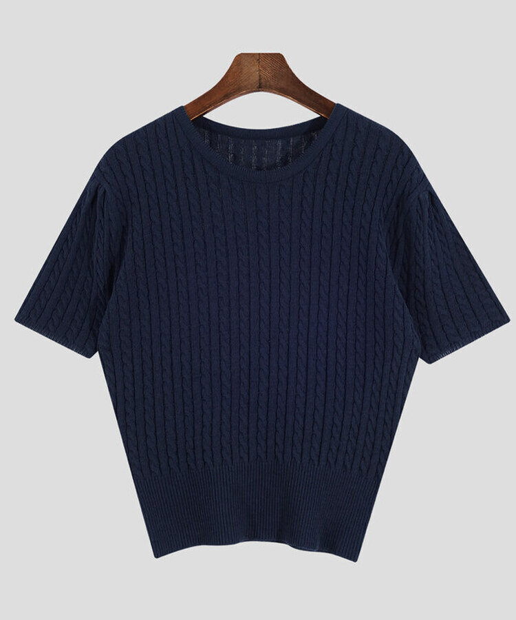ケーブル編みシャーリング半袖ニット5色