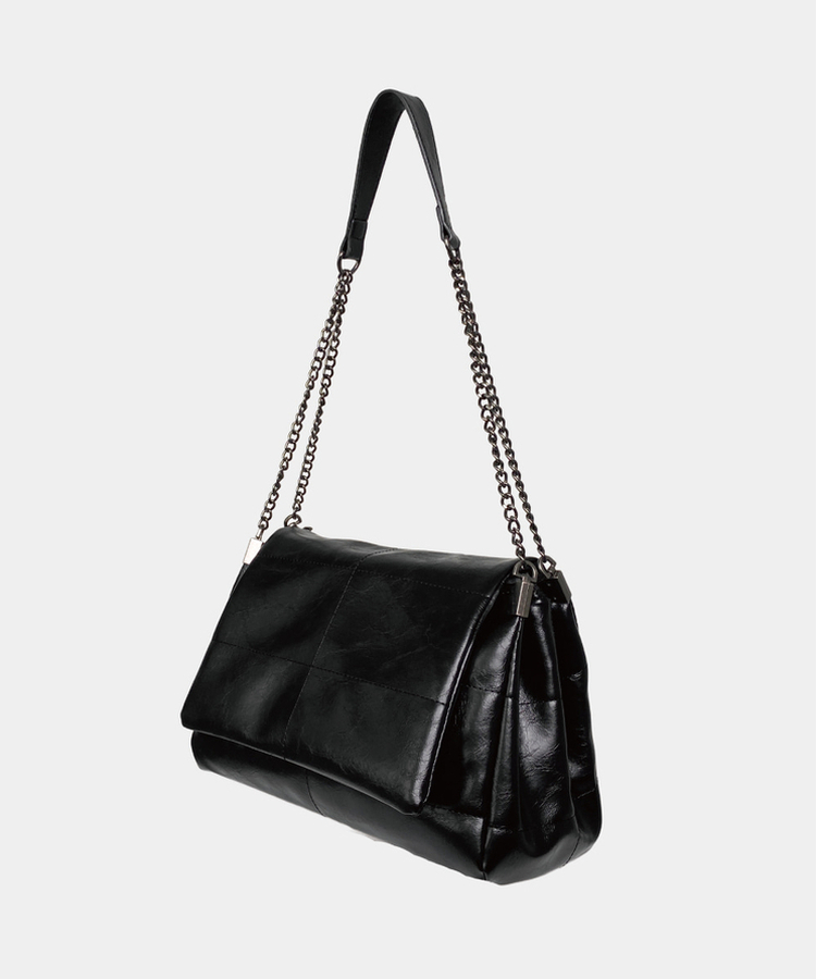 ボストンフェイクレザーチェーンショルダーバッグ BLACK