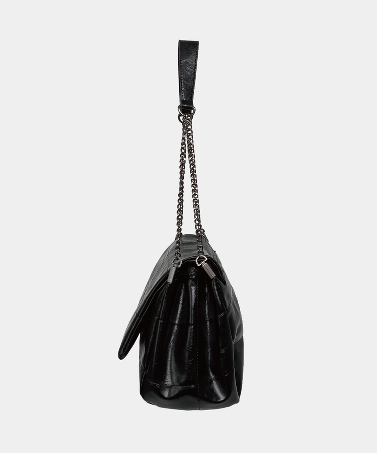 ボストンフェイクレザーチェーンショルダーバッグ BLACK