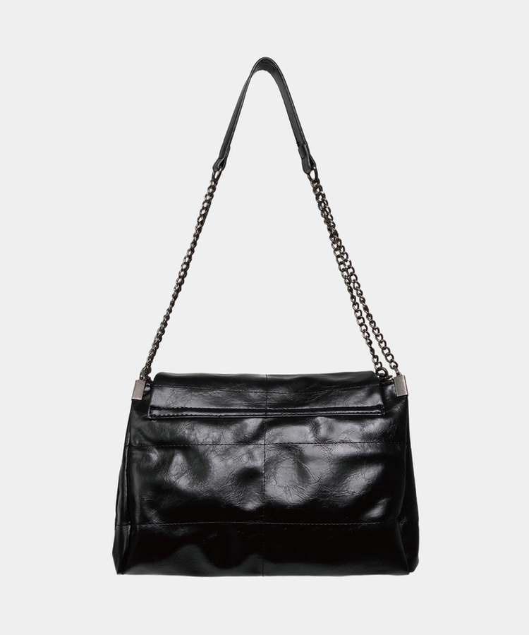 ボストンフェイクレザーチェーンショルダーバッグ BLACK