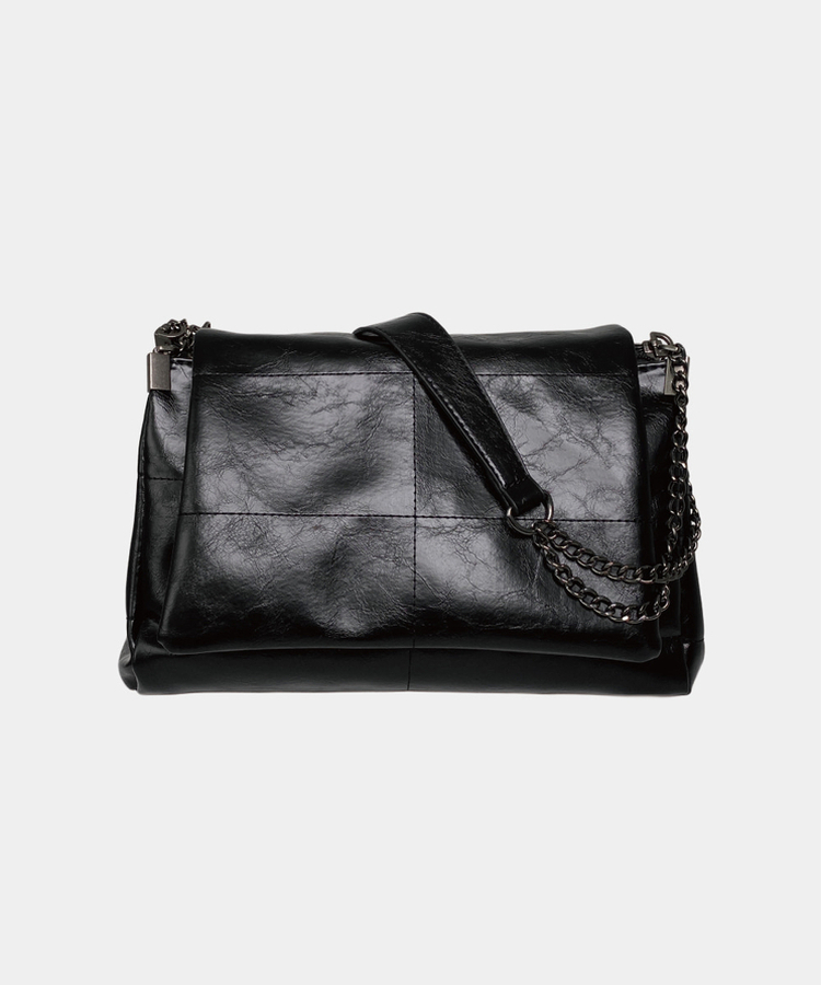 ボストンフェイクレザーチェーンショルダーバッグ BLACK