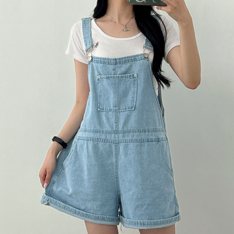 ポケットワイドデニムショートサスペンダージャンプスーツ