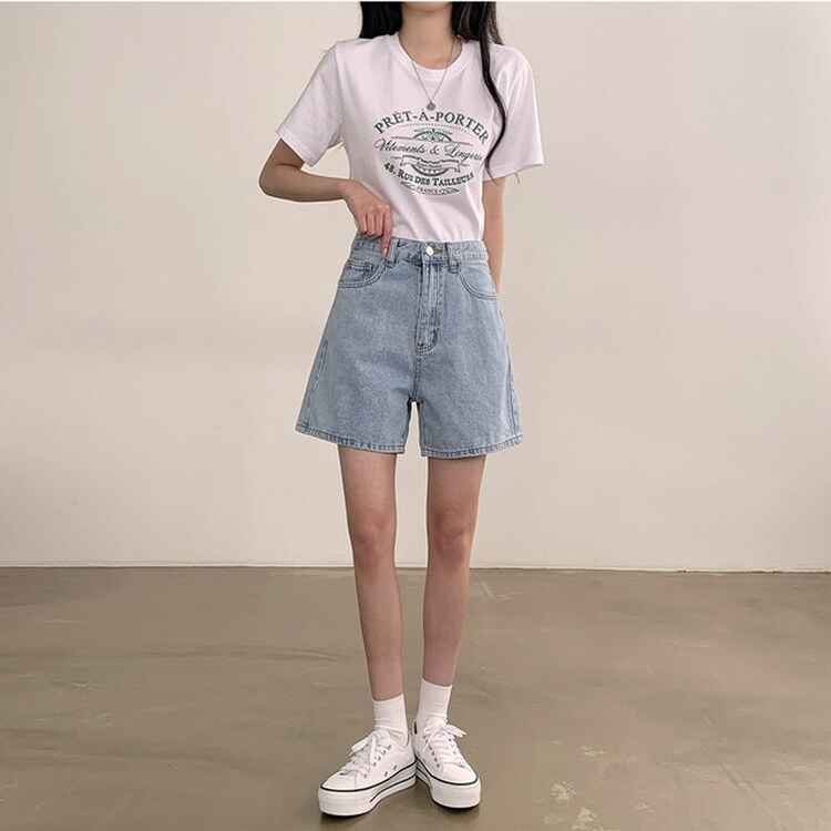 ショートパンツ 【SHORT/BASIC 丈別】ハイウエストデニムショートパンツ LIGHT BLUE