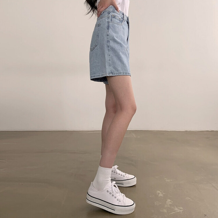 ショートパンツ 【SHORT/BASIC 丈別】ハイウエストデニムショートパンツ LIGHT BLUE