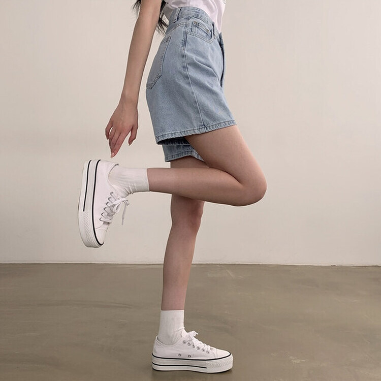 ショートパンツ 【SHORT/BASIC 丈別】ハイウエストデニムショートパンツ LIGHT BLUE