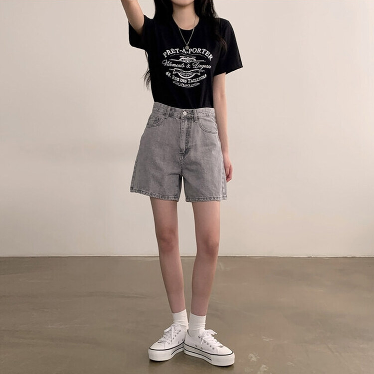 ショートパンツ 【SHORT/BASIC 丈別】ハイウエストデニムショートパンツ GRAY