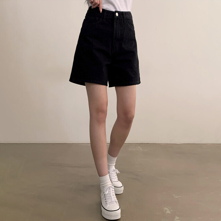ショートパンツ 【SHORT/BASIC 丈別】ハイウエストデニムショートパンツ BLACK