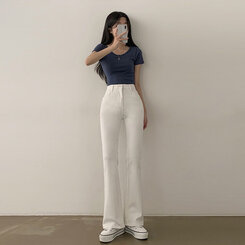 【SHORT/LONG 丈別】ハイウエストセミブーツカットデニムパンツ WHITE