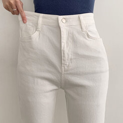 【SHORT/LONG 丈別】ハイウエストセミブーツカットデニムパンツ WHITE