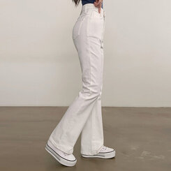 【SHORT/LONG 丈別】ハイウエストセミブーツカットデニムパンツ WHITE