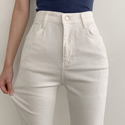 【SHORT/LONG 丈別】ハイウエストセミブーツカットデニムパンツ WHITE