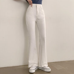 【SHORT/LONG 丈別】ハイウエストセミブーツカットデニムパンツ WHITE