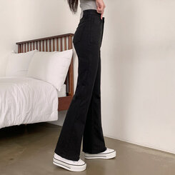 【SHORT/LONG 丈別】ハイウエストセミブーツカットデニムパンツ BLACK