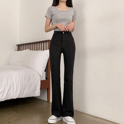 【SHORT/LONG 丈別】ハイウエストセミブーツカットデニムパンツ BLACK