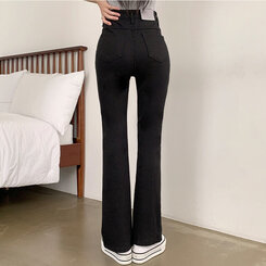 【SHORT/LONG 丈別】ハイウエストセミブーツカットデニムパンツ BLACK