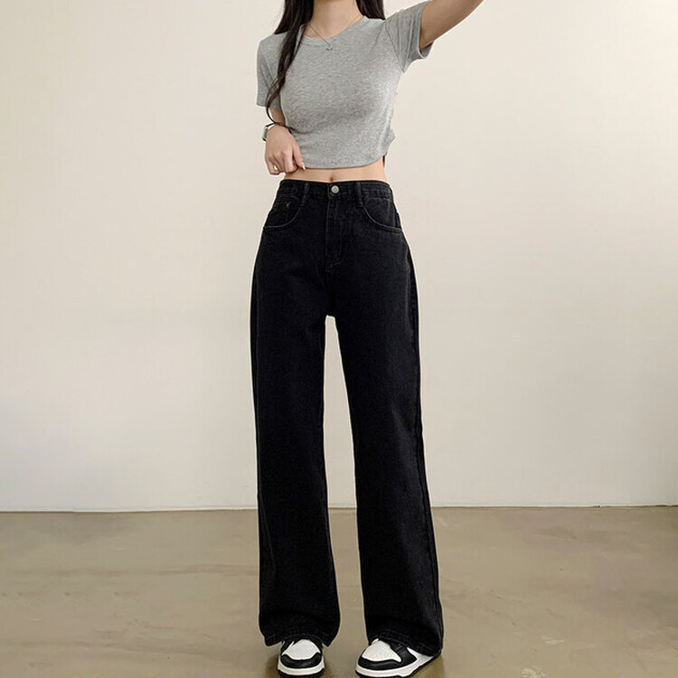 【SHORT/BASIC/LONG 丈別】ハイウエストワイドデニムパンツ6色 BLACK