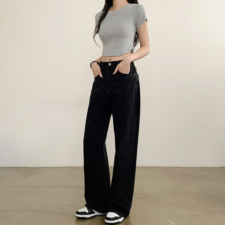 【SHORT/BASIC/LONG 丈別】ハイウエストワイドデニムパンツ6色 BLACK