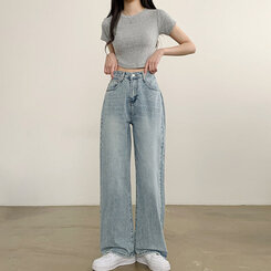 【SHORT/BASIC/LONG 丈別】ハイウエストワイドデニムパンツ6色 LIGHT BLUE