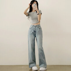 【SHORT/BASIC/LONG 丈別】ハイウエストワイドデニムパンツ6色 LIGHT BLUE